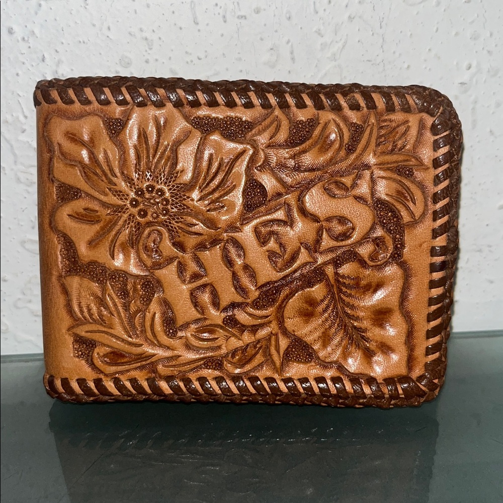 Vintage hand tooled leather floral wallet billfold western cowgirl boho country
